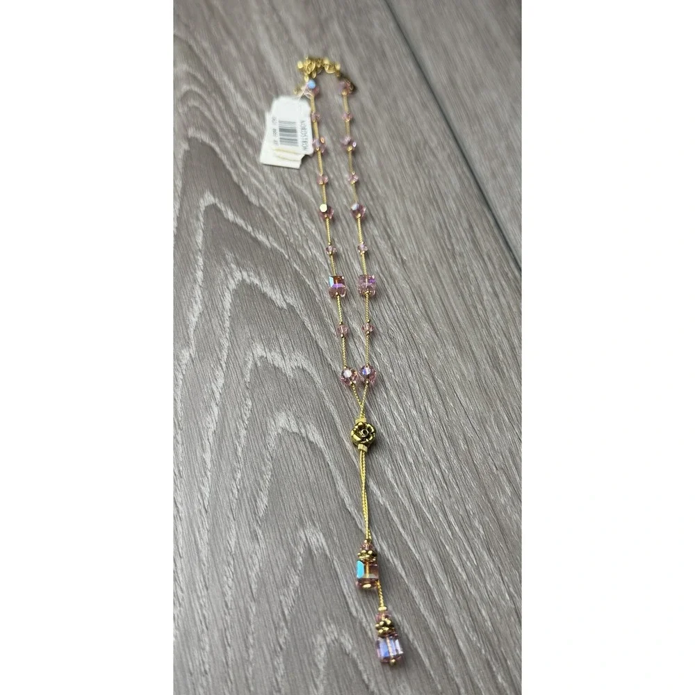 Dabby Reid Heidi Necklace Pink Swarovski Crystal Gold Plated Dbl Dangle Y New